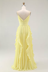 Gelbes A-Linie Chiffon Brautjungfernkleid mit Spaghettiträgern und Rüschen